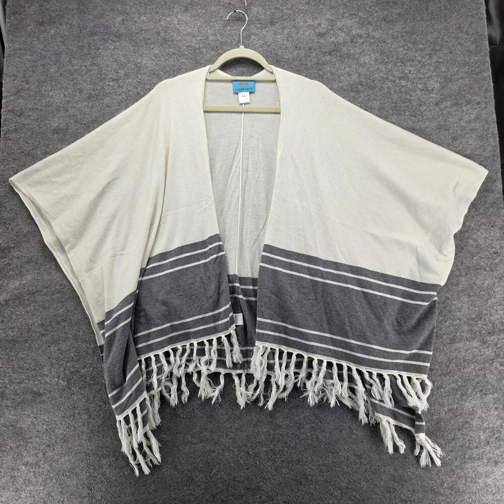 ISLEFIELD Sweater Womens OS White Striped Open Cape Fringe Kimono Sleeve